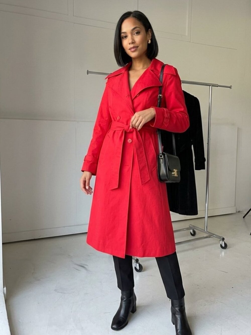 Vintage 70s Red Trench Coat United Fashion Oversized Collar Belted Maxi - Picture 12 of 13